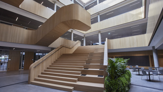 Die große und sehr offen gestaltete Freitreppe über das komplette Atrium hinweg ist eines der architektonischen Highlights in Haus 2 des Bauhaus-Campus.