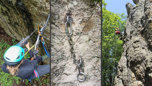 Erstellung der Bohrlöcher mit dem Fischer Hammerbohrer SDS Plus Quattric II (von links), Sicherungshaken in den Bohrlöchern mit dem Universalmörtel FIS V Plus und der sanierte Klettergarten Mägdeberg.