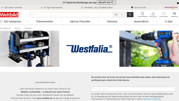 Die Adresse westfalia.de führt aktuell noch zum Markenshop auf weltbild.de.