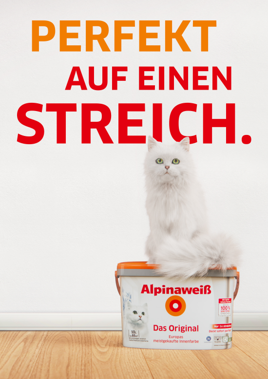 Die weiße Katze bleibt der Star der Alpinaweiß-Kampagne. Die neuen TV-Spots zur Kampagne gibt es in der Online-Version dieses Artikels zu sehen.